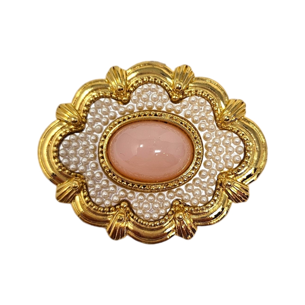 Vintage Avon Victorian Spring Brooch Pin Gold Tone Pink Cabochon Faux Pearls